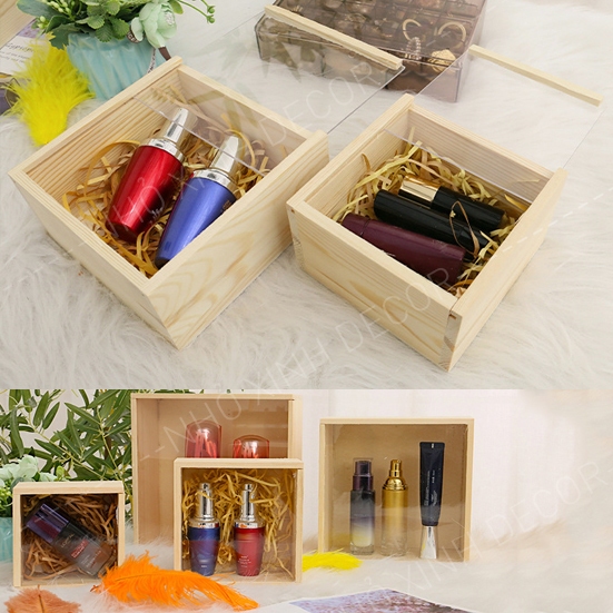 Hộp gỗ nắp trượt mica trong suốt, hộp quà, hộp đựng phụ kiện đa năng