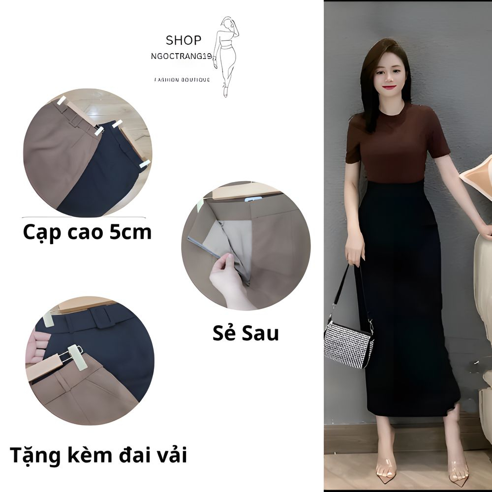 Chân Váy Suông Dài 90cm Phối Đai_2 Lớp, Chất Liệu Vitex, Chân Váy Công Sở Hách Dáng_CV56