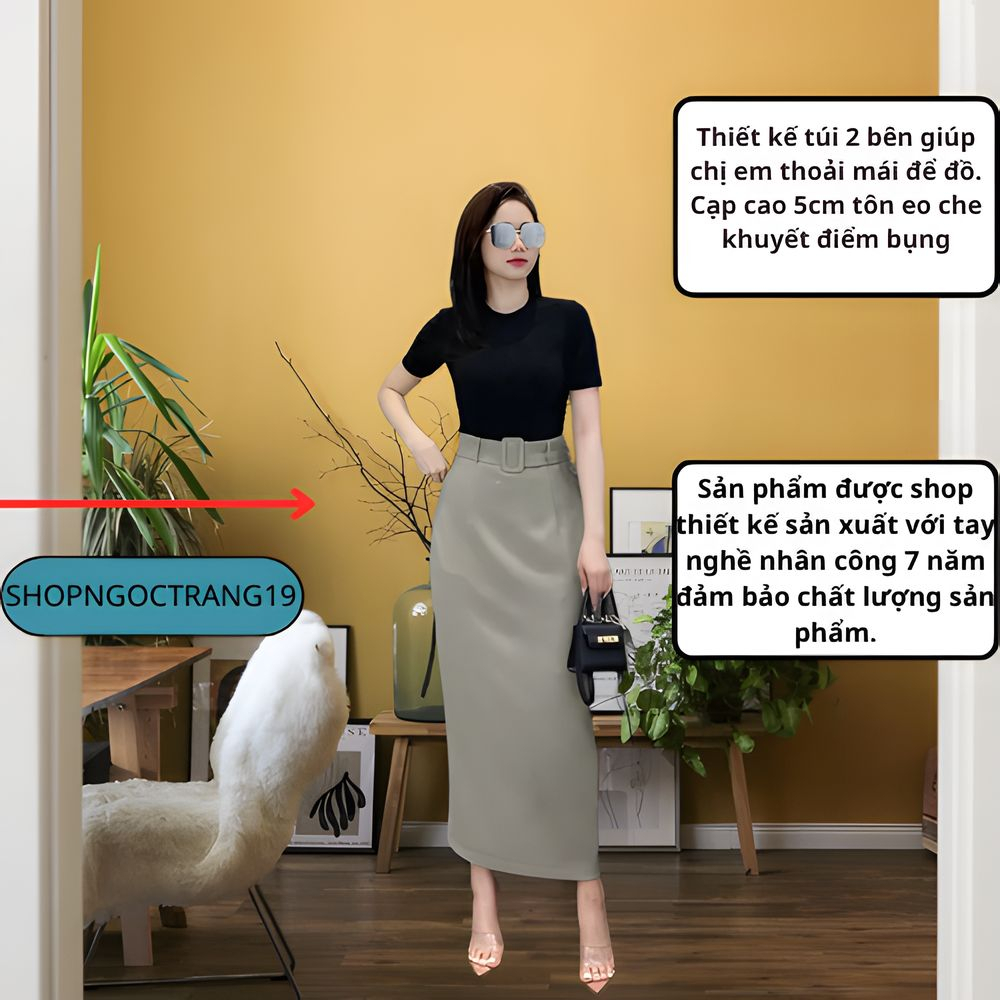 Chân Váy Suông Dài 90cm Phối Đai_2 Lớp, Chất Liệu Vitex, Chân Váy Công Sở Hách Dáng_CV56