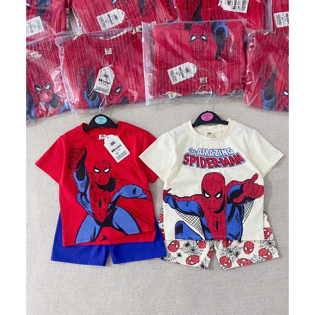 Set 2 bộ cotton cộc tay in hoạ tiết siêu nhân, combo 2 bộ siêu nhân cộc tay cho bé