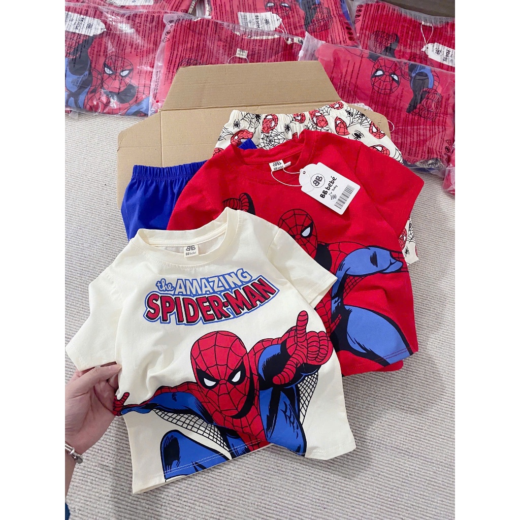 Set 2 bộ cotton cộc tay in hoạ tiết siêu nhân, combo 2 bộ siêu nhân cộc tay cho bé