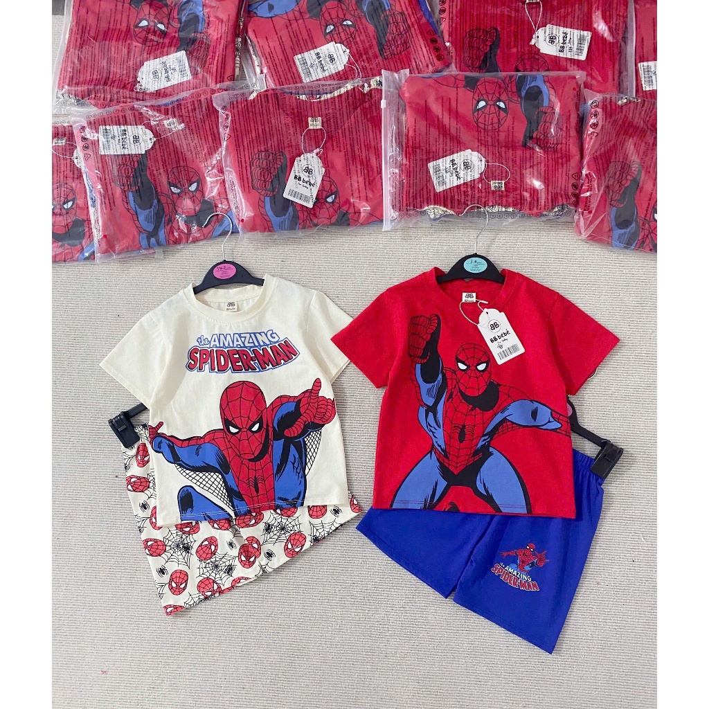 Set 2 bộ cotton cộc tay in hoạ tiết siêu nhân, combo 2 bộ siêu nhân cộc tay cho bé