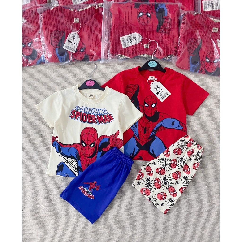 Set 2 bộ cotton cộc tay in hoạ tiết siêu nhân, combo 2 bộ siêu nhân cộc tay cho bé