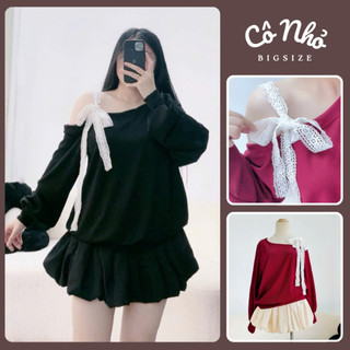 Set Bigsize Nữ Áo Sweater Lệch Vai Dây Ren Phối Chân Váy Bí Ngô Dễ Thương Cho Chubby SET931
