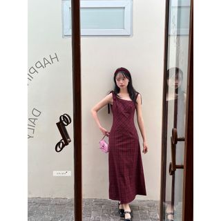𝐑𝐢𝐛𝐫𝐞𝐝 𝐃𝐫𝐞𝐬𝐬 - Đầm caro nữ màu đỏ nơ vai phải dáng dài nhiennhienvintage NDL00006