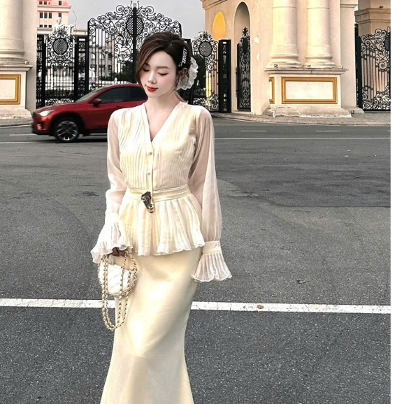 Set bộ áo tay dài phối chân váy đuôi cá, Set đồ nữ áo tơ bèo kèm tag mix chân váy dáng dài tiểu thư