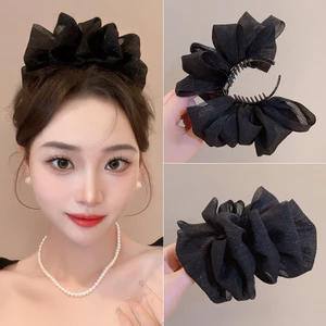 Kẹp tóc đuôi ngựa kẹp tóc càng cua nơ voan nửa đầu phong cách Hàn Quốc