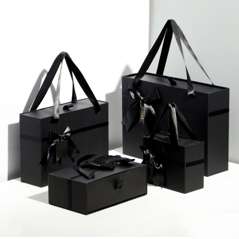 Hộp Đựng Quà Sinh Nhật Tặng Người Yêu Có Quai Xách, Hộp Quà Màu Đen Gắn Nơ Sang Trọng Phù Hợp Tặng Bạn Bè, Người Thân