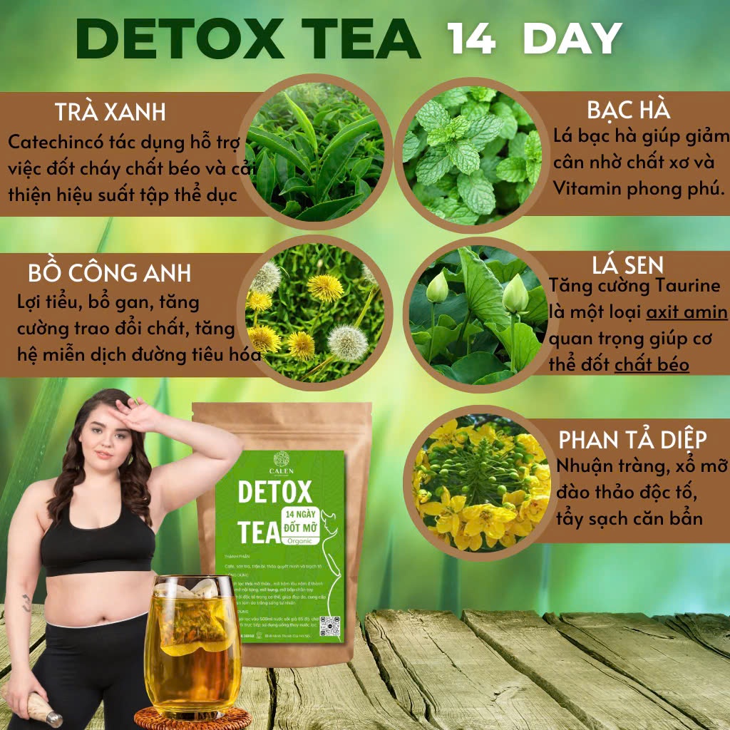 Trà detox 14 ngày Calen giúp đào thải cạn bã tạp chất, chuyển hóa năng lượng và mỡ thừa, giúp giảm táo bón, nhuận tràng