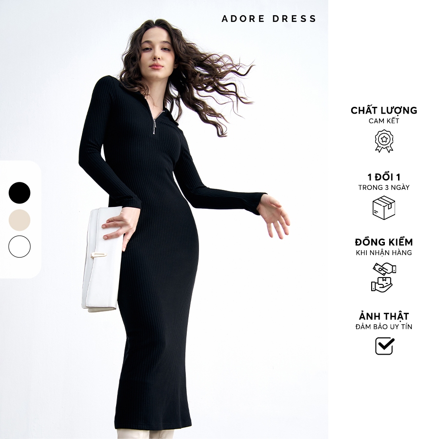 Ảnh 412DR9006 - Đầm len cổ polo len tăm nâu be/đen/ trắng ADORE DRESS 1