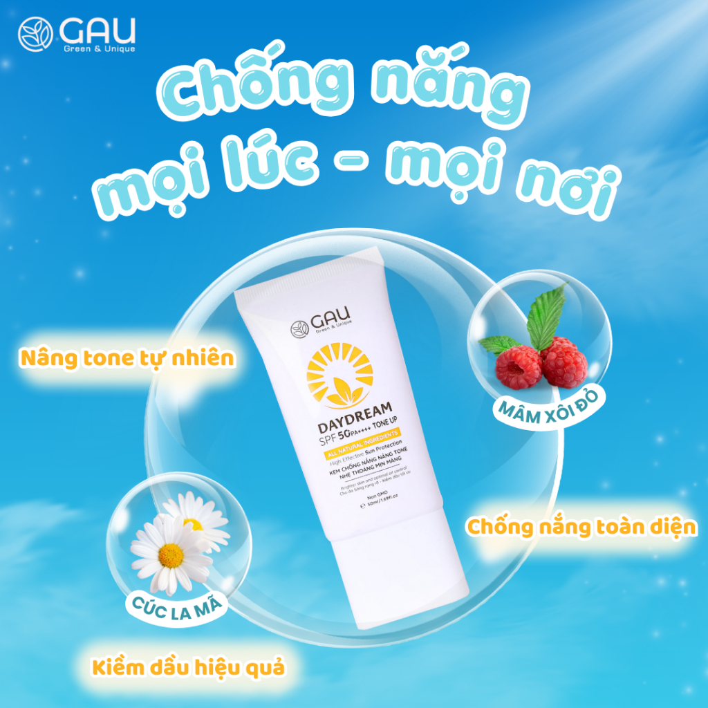 Kem chống nắng Nâng Tone Tự nhiên Trắng hồng Mịn Thoáng Dưỡng ẩm GAU SPF50+PA++++ 50ml