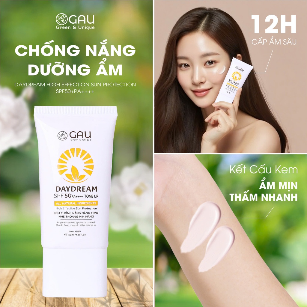 Kem chống nắng Nâng Tone Tự nhiên Trắng hồng Mịn Thoáng Dưỡng ẩm GAU SPF50+PA++++ 50ml