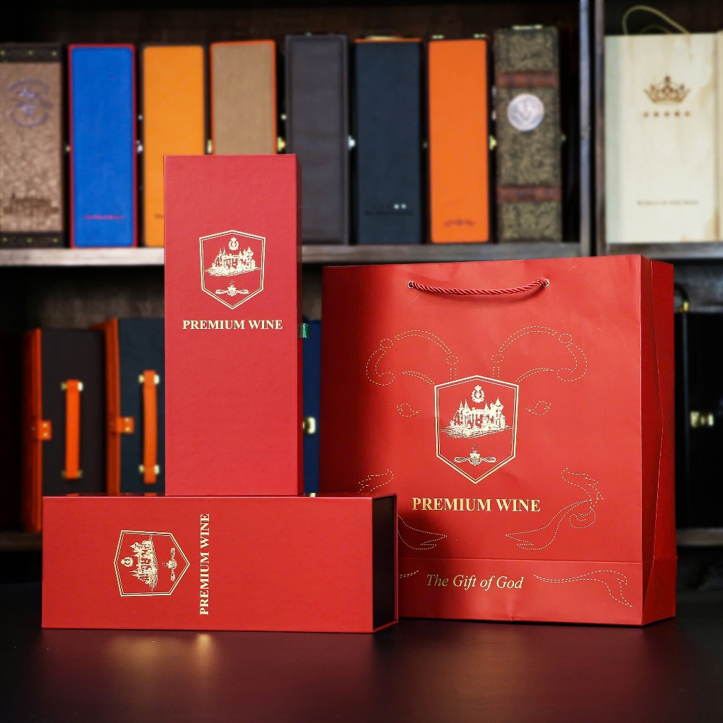 Hộp Đựng Rượu Vang Bằng Giấy In Chữ Premium Wine Màu Đỏ Đô Quà Tặng ...
