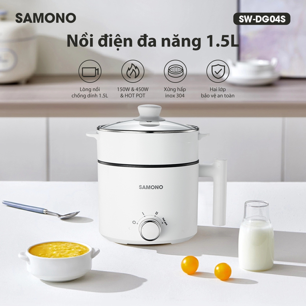 Ảnh Nồi điện đa năng Samono SW-DG04S lẩu điện 1.5L chống dính, 3 mức nhiệt 150W &450W & hotpot, kèm xửng hấp inox 2