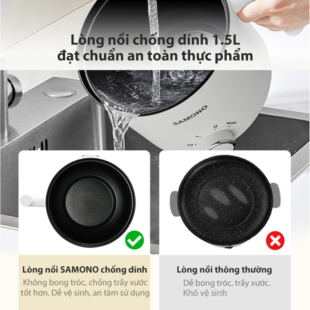 Ảnh Nồi điện đa năng Samono SW-DG04S lẩu điện 1.5L chống dính, 3 mức nhiệt 150W &450W & hotpot, kèm xửng hấp inox 4