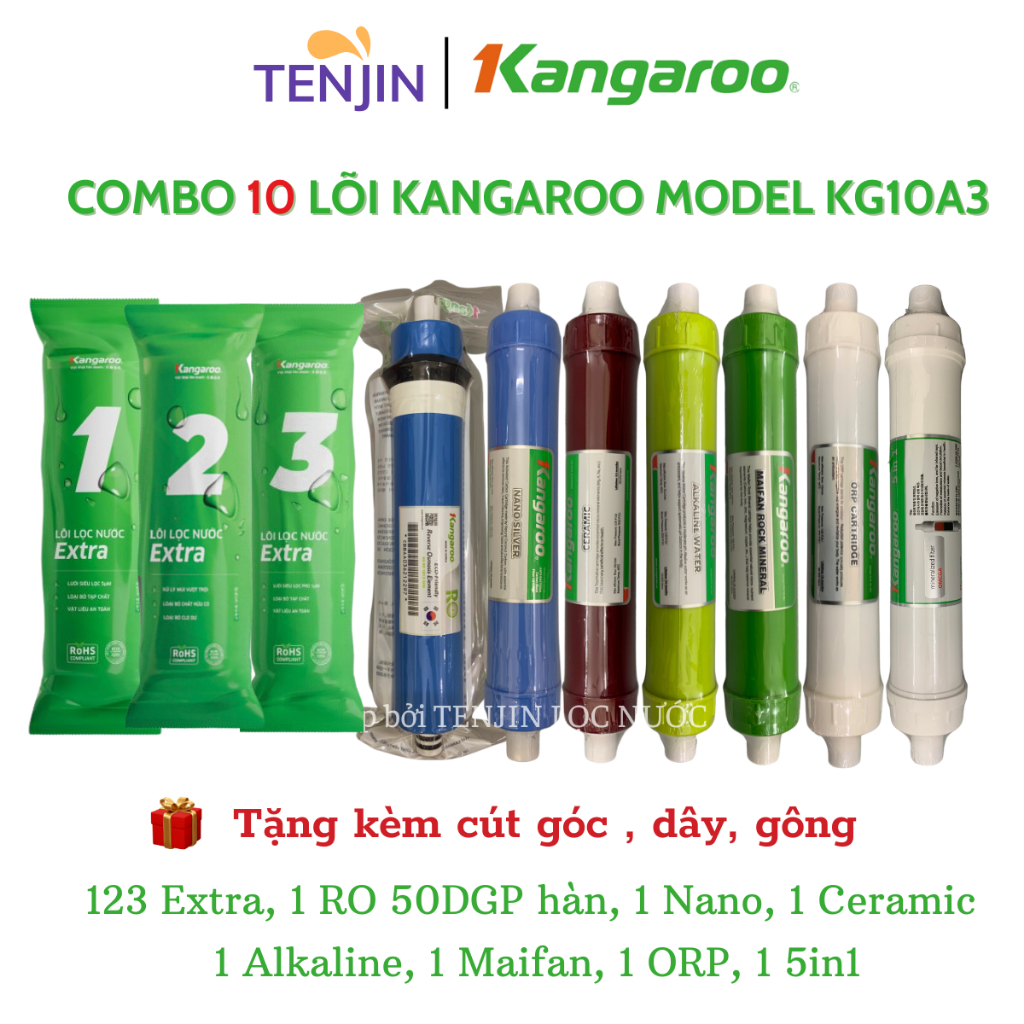 Combo 10 Lõi Lọc Nước Kangaroo Model KG10A3 Gồm 123 RO50GPD Nano Ceramic Alkaline Maifan ORP 5in1+ Chính Hãng