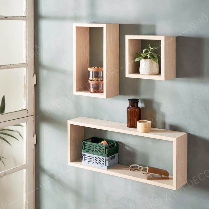 Kệ gỗ vuông, chữ nhật treo tường trang trí decor, kệ trang trí cây cảnh mini