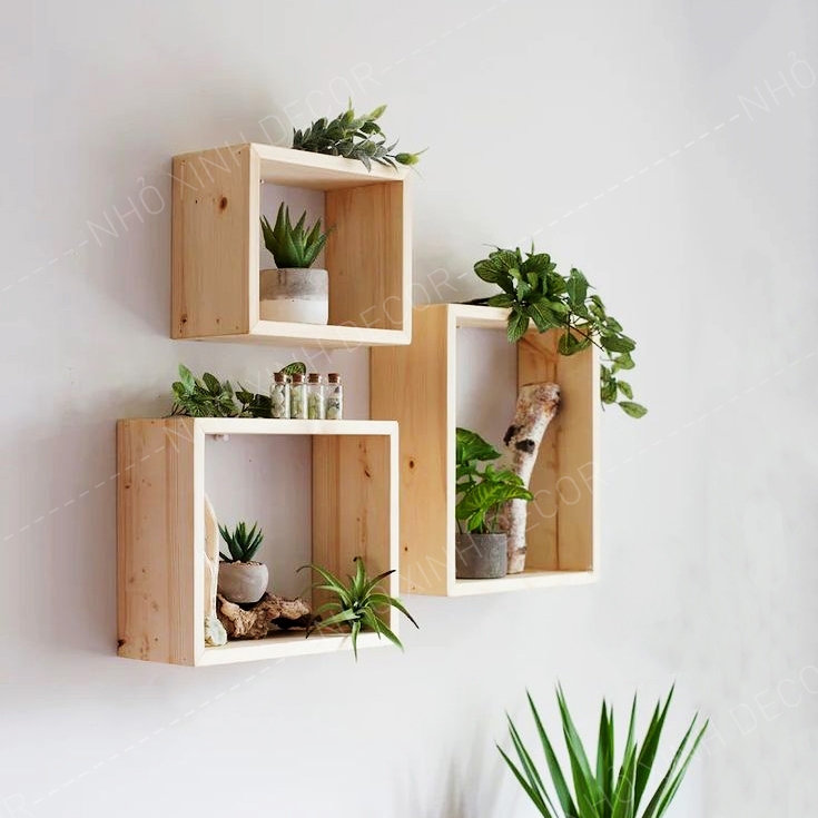 Kệ gỗ vuông, chữ nhật treo tường trang trí decor, kệ trang trí cây cảnh mini