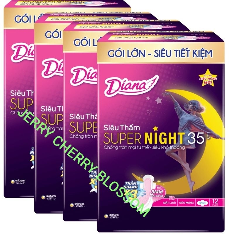 [12 miếng/goi] Bộ 4 gói băng vệ Diana sinh Đêm siêu thấm/ sensi 29/35cm hi