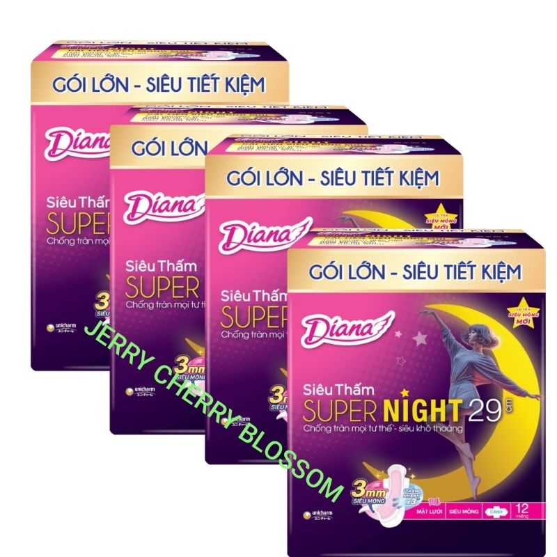 [12 miếng/goi] Bộ 4 gói băng vệ Diana sinh Đêm siêu thấm/ sensi 29/35cm hi