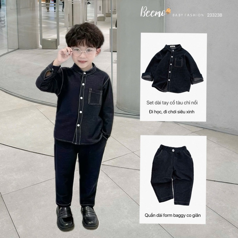 Set sơ mi cổ tàu giả jean Beemo chất liệu mềm mại co giãn thiết kế cá tính cho bé măc đi học đi chơi