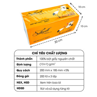 Giấy ăn Silkwell Sếu Thùng 9 gói 200 tờ 3 lớp chính hãng, giấy rút lụa siêu mềm mịn không tẩy trắng
