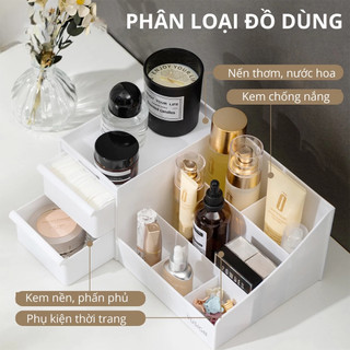 Kệ Đựng Đồ Trang Điểm Để Bàn - 2 Ngăn Kéo, Nhiều Ngăn Chứa, Nhựa Cao Cấp Organizer Đa Năng