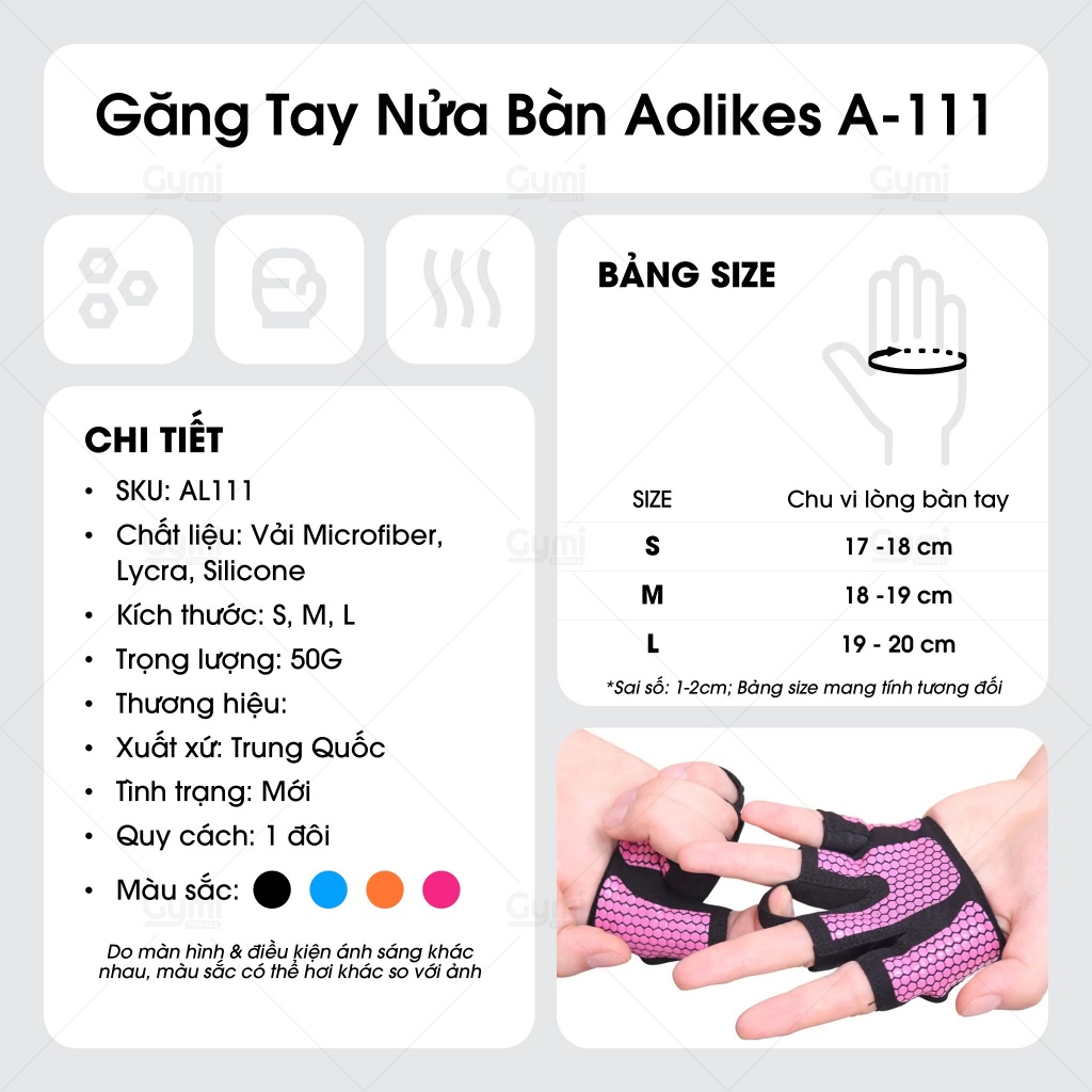 Găng Tay Gym Nữ Nửa Bàn Aolikes A-111 - Găng Tay Thể Thao Nửa Ngón - AL111