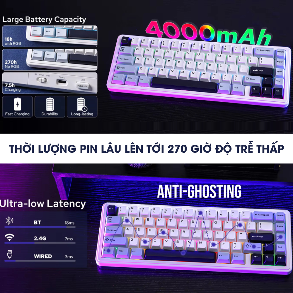Bàn Phím Cơ 3 Mode AULA F65 Không Dây Bluetooth Layout 65% Gasket Mount Hotswap Led RBG Chính Hãng | BigBuy360 - bigbuy360.vn
