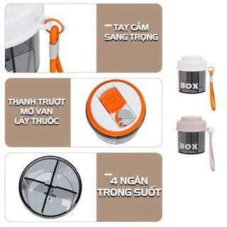 Hộp Thuốc Mini 4 Ngăn – Xoay Mở Từng Ngăn, Có Dây Silicon Treo