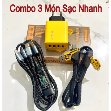 Combo Sạc Nhanh 3 Món Gồm : Củ Sạc Nhanh 120w , Cáp sạc Nhanh 4 đầu ( 4in1 ). Cáp Sạc 3 đầu 100w. Sạc Nhanh và an toàn .