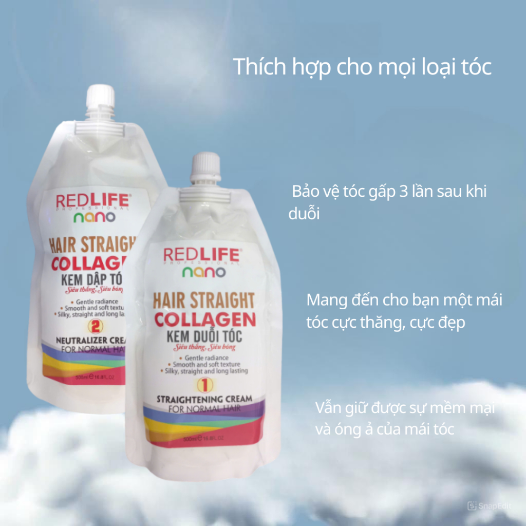 Kem Duỗi Tóc - Kem dập tóc tại nhà siêu thẳng siêu bóng REDLIFE NANO Collagen 500ml | Thuốc nhuộm tóc Hiền Thục
