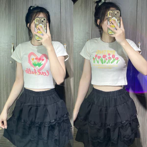 Áo Croptop Kiểu Nữ Tay Ngắn In Hình Nhiều Hoạ Tiết Xinh Xắn Cổ Tròn Màu Trắng TuanLe Clothing