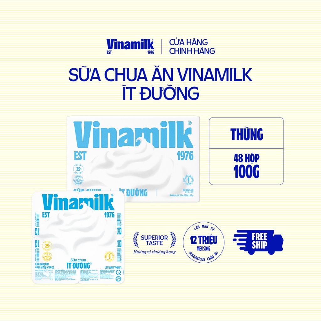 [CHỈ GIAO HCM+HN] Thùng 48 hộp Sữa chua ăn Vinamilk ít đường 100g Yaourt