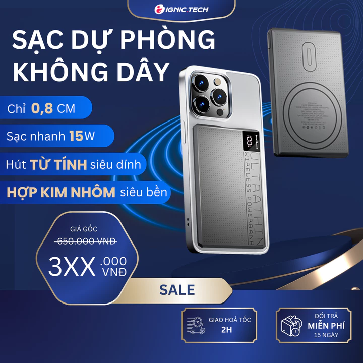 Sạc dự phòng không dây,20W sạc dự phòng có đèn LED hiển thị, sạc dựng phòng siêu mỏng 0,8 cm