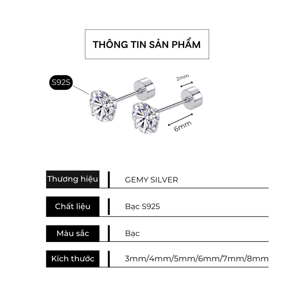 Khuyên tai nam thanh thẳng bạc 925 ổ đá chuôi vặn trụ nhiều size, unisex (1 chiếc) KN146 | GEMY SILVER