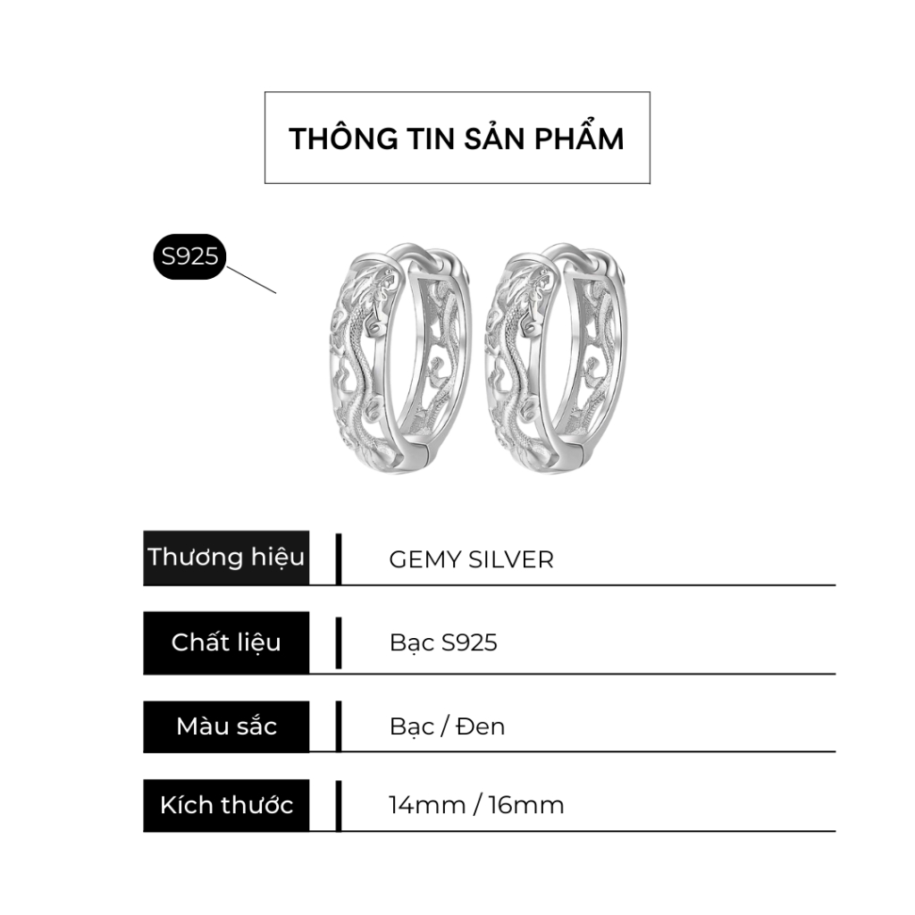 Khuyên tai nam tròn bạc 925 chạm khắc hình rồng cực ngầu, cực chất Dragon 2 (1 chiếc) KN147 | GEMY SILVER