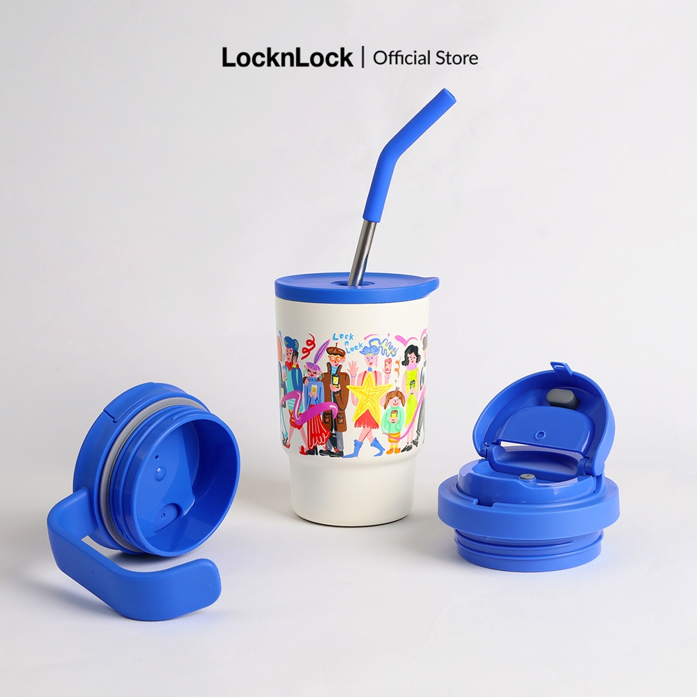 Set cốc giữ nhiệt LocknLock LHC3340BLU_TL 400ML kèm 3 nắp và ống hút, Thép Không Gỉ 304, Phủ Ceramic - K-MALL