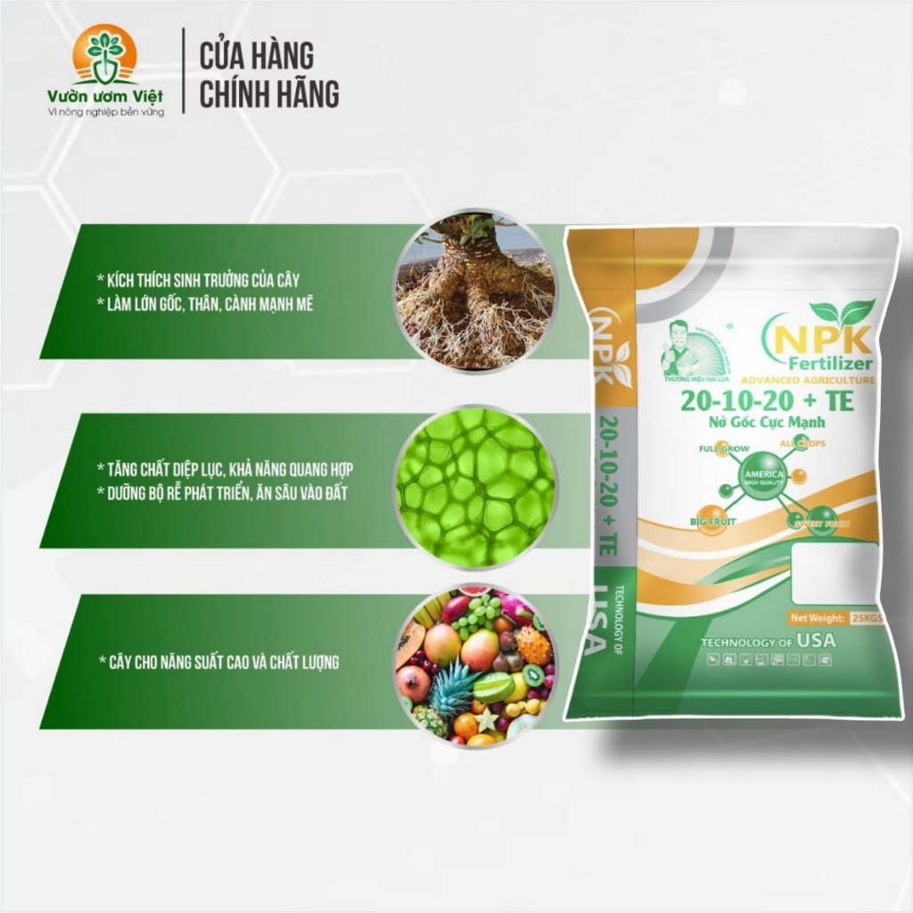 [Bao 25Kg] Phân bón 20-10-20 + TE Nở Gốc Cực Mạnh, tăng năng suất cây trồng, chất lượng cao