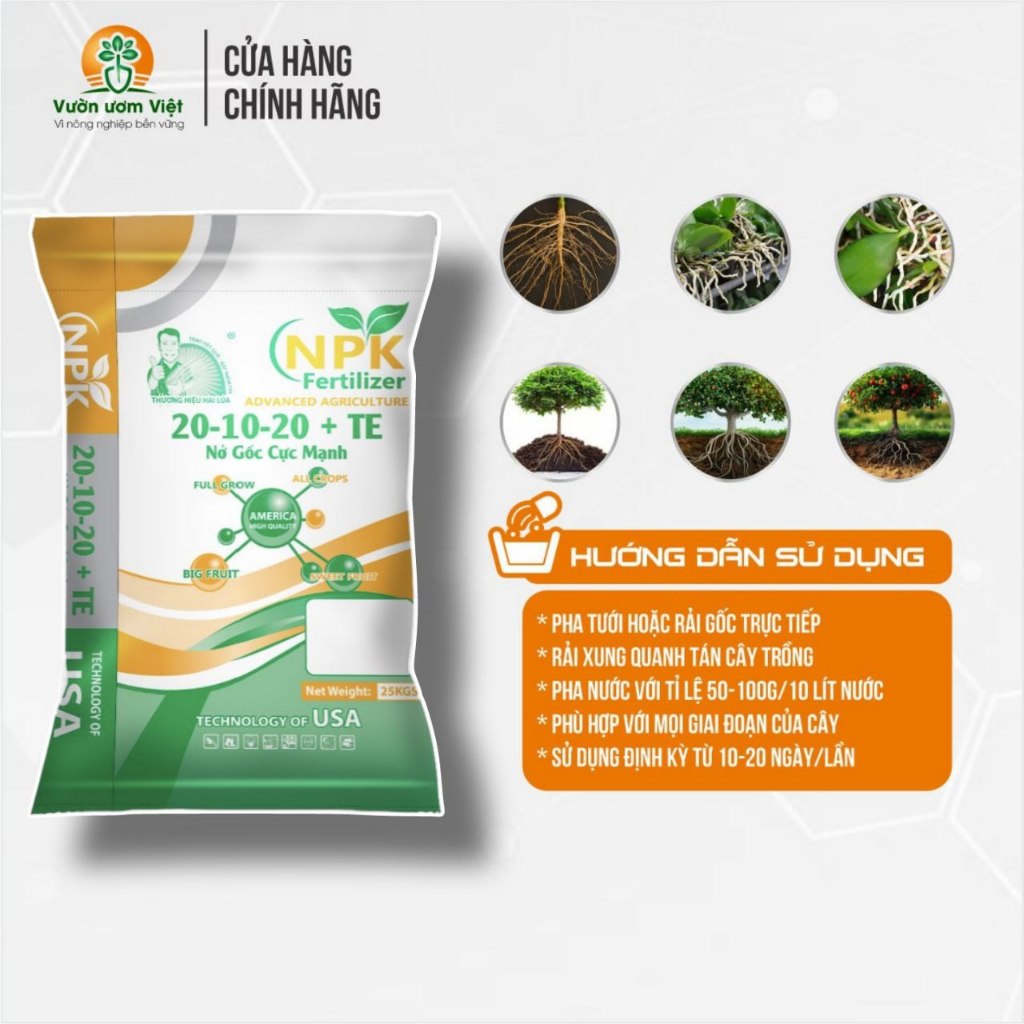 [Bao 25Kg] Phân bón 20-10-20 + TE Nở Gốc Cực Mạnh, tăng năng suất cây trồng, chất lượng cao