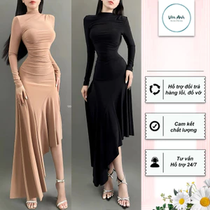 ĐẦM ÔM BODY DÁNG DÀI VẠC XÉO HAI MÀU NUDE VÀ ĐEN