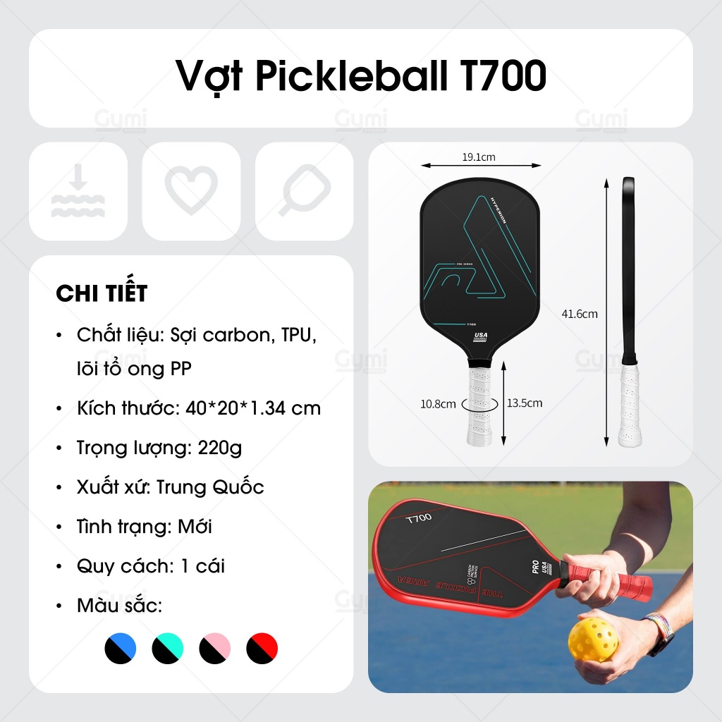 Vợt Pickleball T700 Pro Sợi Carbon - Khối Lượng Nhẹ, Mặt Nhám Bám Bóng, Năng Động Cho Nam và Nữ