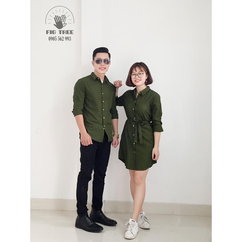 Set Sơ Mi Váy Đôi Fig Tree Màu Xanh Olive Siêu Cute