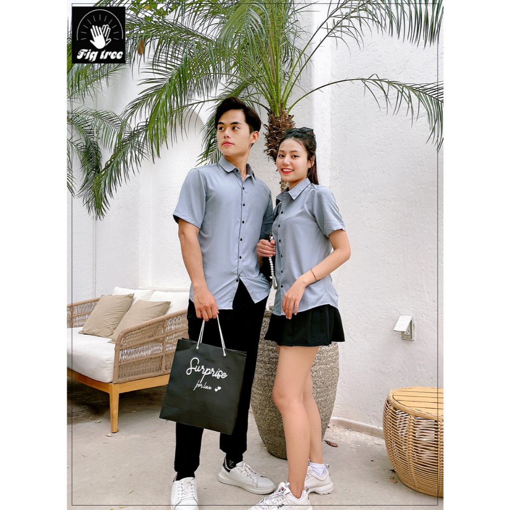 Áo Sơ Mi Cặp Nam Nữ, Đồng Phục Sơ Mi Fig Tree Màu Xám Tay Ngắn, Chất Cotton Trơn, Size 40-110kg