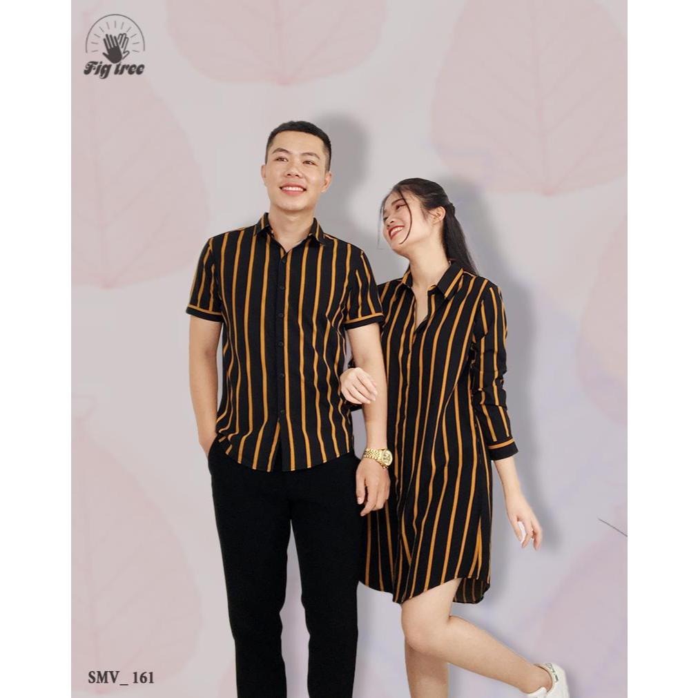 Set Đồ Đôi Fig Tree Sọc Đứng Màu Vàng Đen, Áo Sơ Mi Nam, Nữ Dáng Dài Cá Tính ( Mã Số 161)