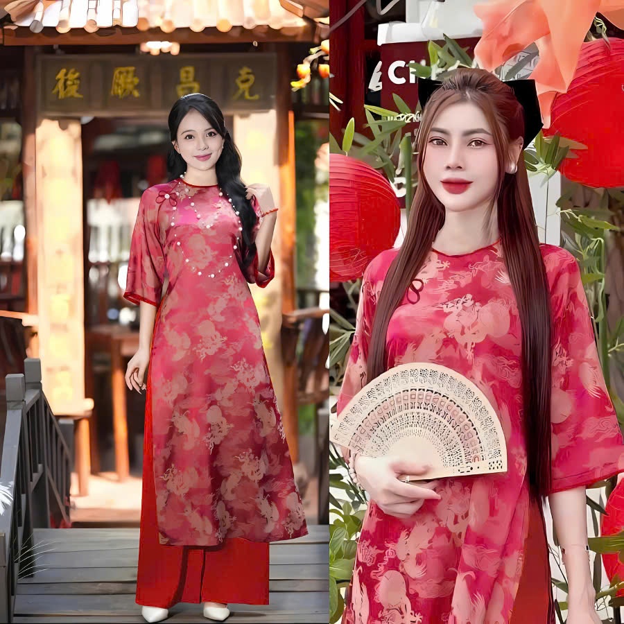Áo dài mặc tết du Xuân Áo dài cách tân Gấm họa tiết long phụng màu đỏ