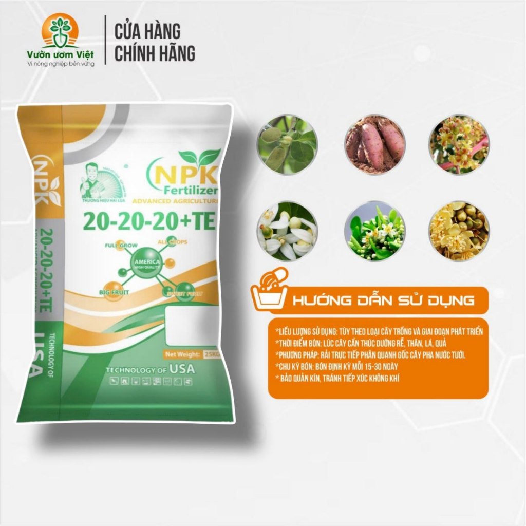 [Bao 25Kg] Phân bón 20-20-20+TE Khoáng Hữu Cơ dưỡng cây từ rễ đến lá, cây phát triển toàn diện