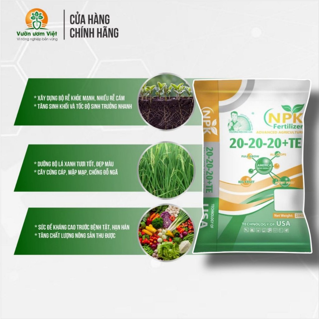 [Bao 25Kg] Phân bón 20-20-20+TE Khoáng Hữu Cơ dưỡng cây từ rễ đến lá, cây phát triển toàn diện
