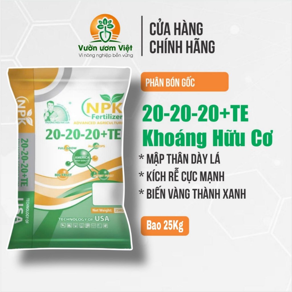 [Bao 25Kg] Phân bón 20-20-20+TE Khoáng Hữu Cơ dưỡng cây từ rễ đến lá, cây phát triển toàn diện