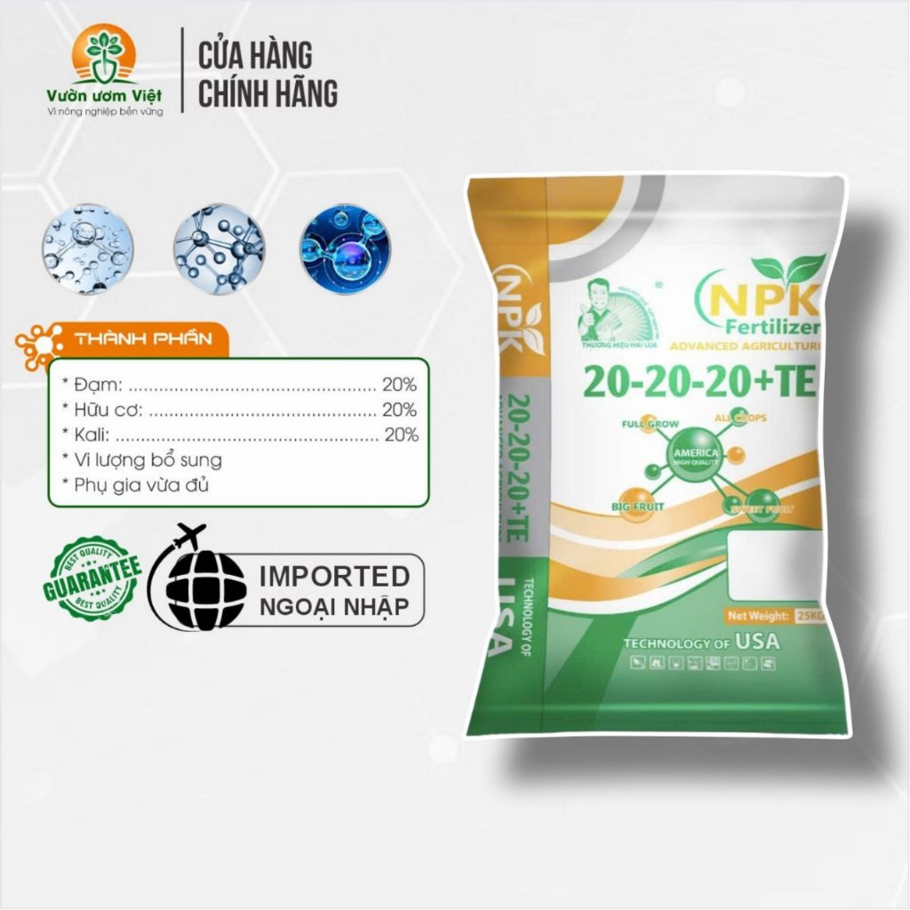[Bao 25Kg] Phân bón 20-20-20+TE Khoáng Hữu Cơ dưỡng cây từ rễ đến lá, cây phát triển toàn diện